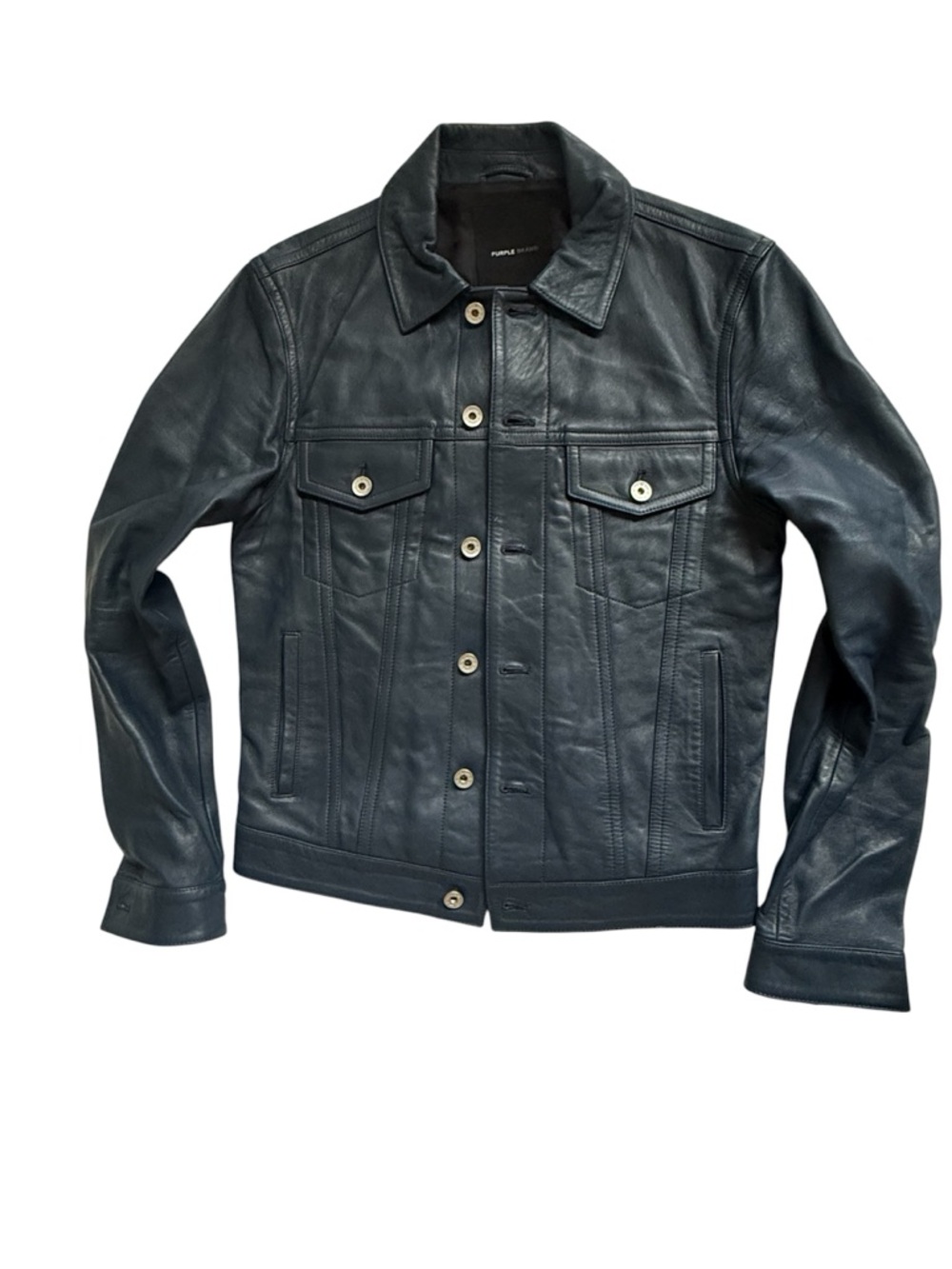 Purple Brand Luxury Navy Trucker/Bomber Jacket 100% Lamb Leather Men’s Sz S